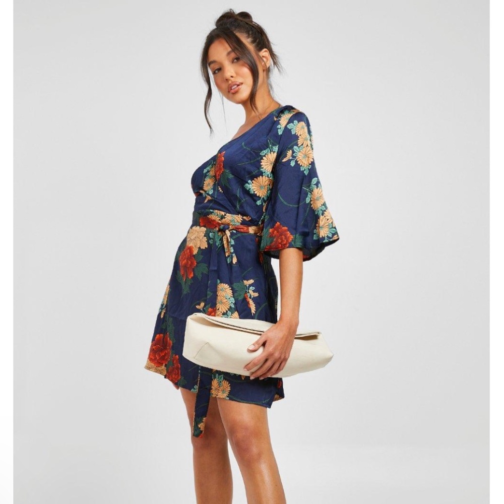 Satin Floral Wrap Dress